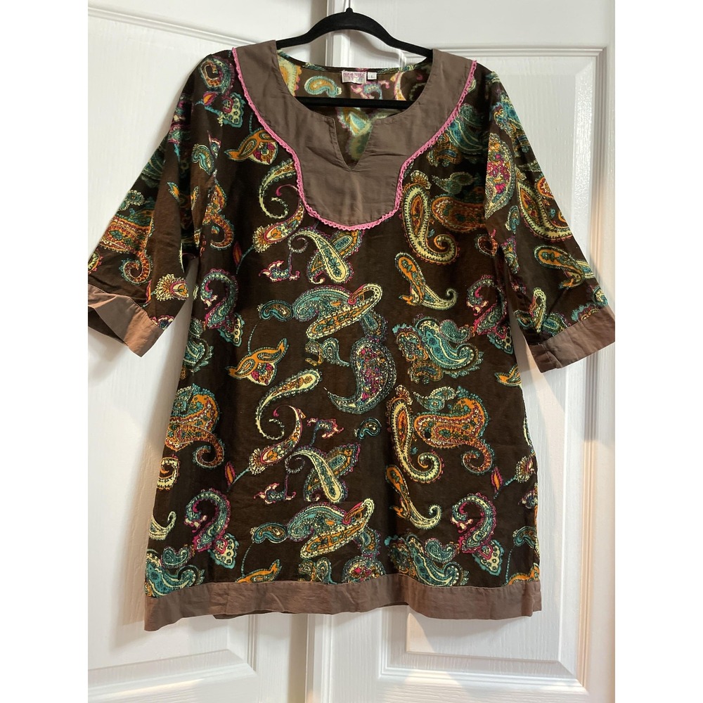Funky People Shirt Womens Large Brown Paisley Tunic Boho 100% Cotton 3/4 Sleeve